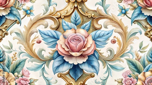 Ornate floral design featuring a pink rose with blue and gold foliage