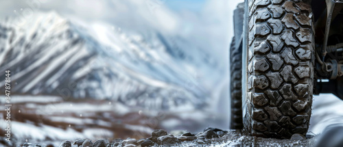 Close-up of a muddy tire of an off-road vehicle, with a backdrop of snow-capped mountains shrouded in clouds.
