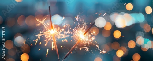 Closeup of two sparklers burning in the air with a blurred background and bokeh lights