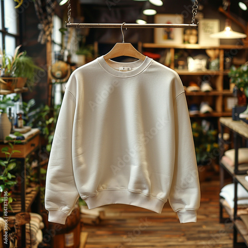 Blank ivory sweatshirt hanging on hanger on horizontal rack in cozy clothing store. Mock up template for sweatshirt design, print area for logo or design