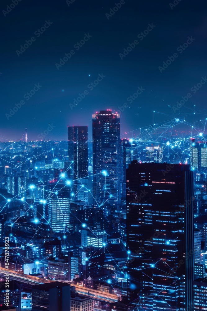 The city skyline at night with digital connections on dark blue sky background The city skyline at night with digital connections on dark blue sky background