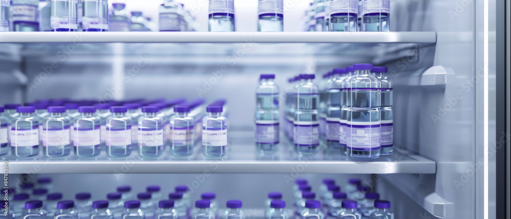 Rows of clear glass vials with purple caps filled with liquid arranged neatly inside a well-lit laboratory refrigerator. Rows of clear glass vials with purple caps filled with liquid arranged neatly inside a well-lit laboratory refrigerator.