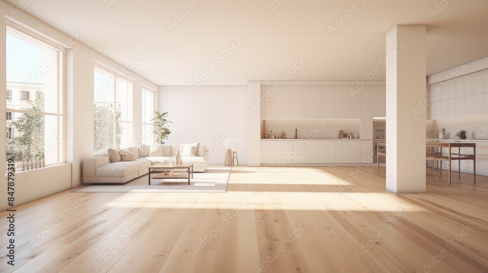 Fototapeta premium spacious bright studio apartment in minimal style and warm pastel white and beige colors. trendy furniture in the living area and modern details in the kitchen area, minimal living room