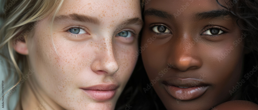 A close-up of two women with contrasting skin tones captures their serene expressions and the harmony of their natural beauty. A close-up of two women with contrasting skin tones captures their serene expressions and the harmony of their natural beauty.