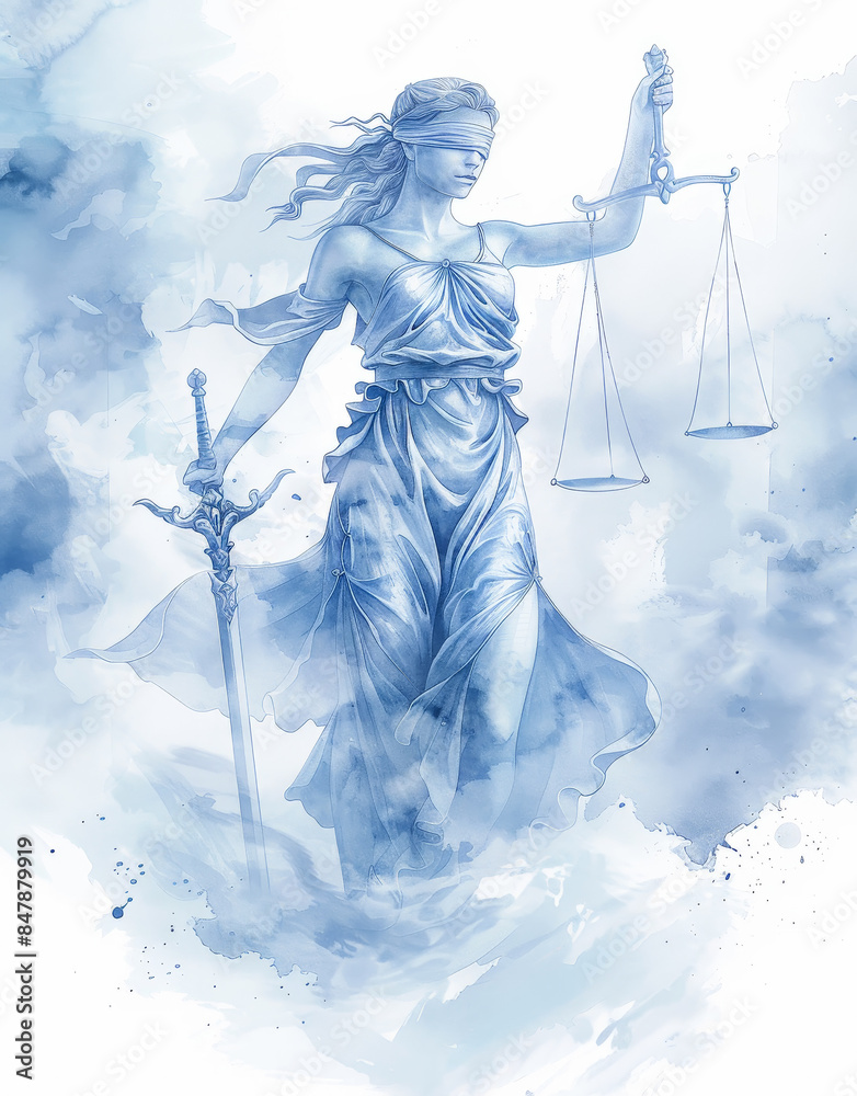 hermosa acuarela azul y blanco de la diosa de la justicia con espada y ...