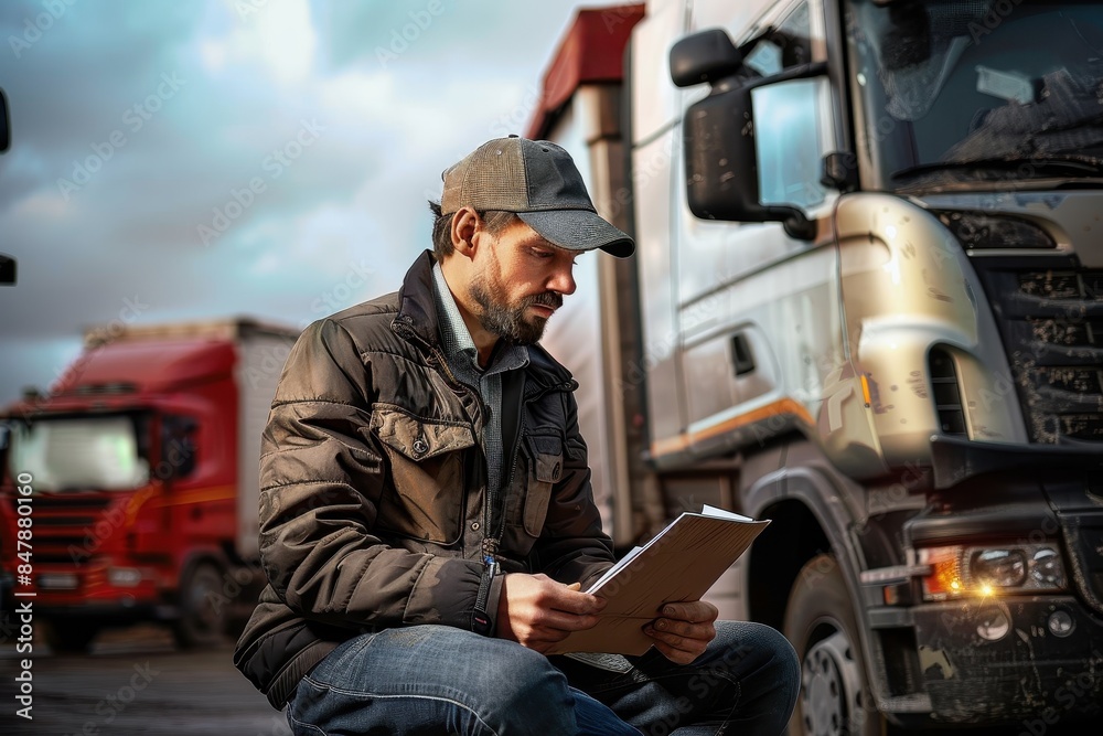 A male truck driver in casual clothing is holding and reviewing papers with large trucks in the background A male truck driver in casual clothing is holding and reviewing papers with large trucks in the background