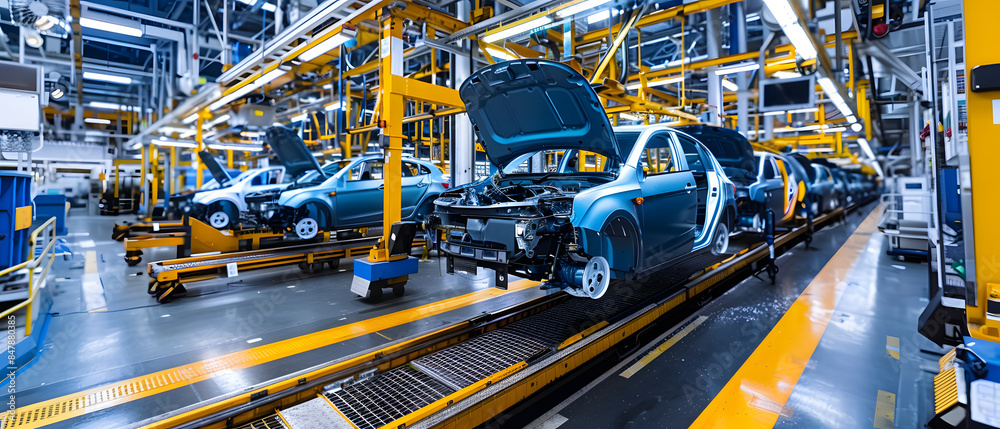 Car bodies move along an assembly line in a modern car manufacturing plant.