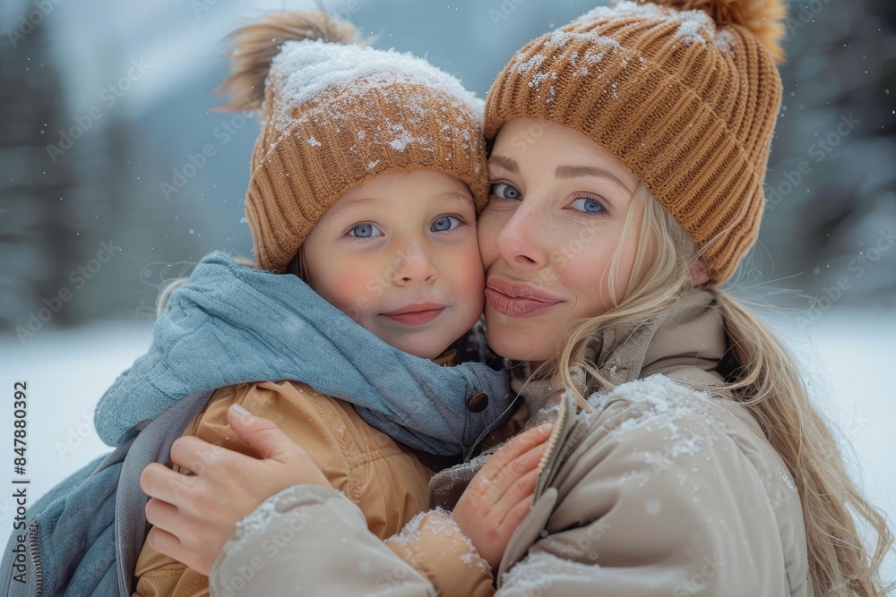 Obraz premium Mother holds her child close, surrounded by a wintery landscape of snow in a cozy hug