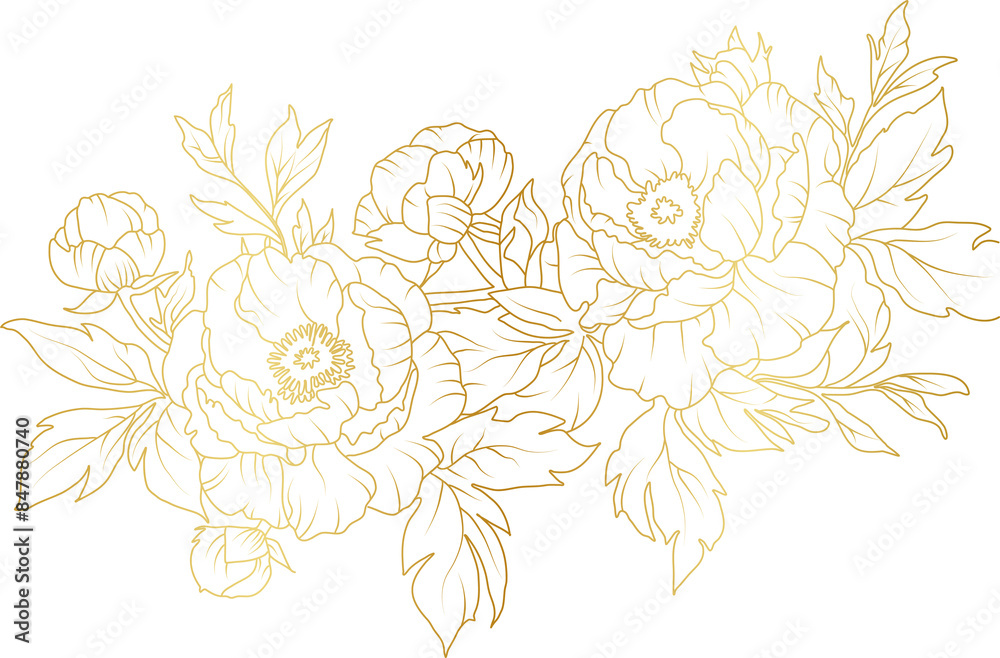 Peony flowers gold line art illustration Peony flowers gold line art illustration