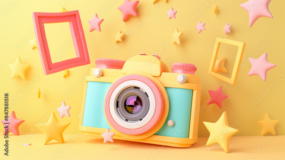 3D camera icon with floating photo frames and stars, on a light yellow background 3D camera icon with floating photo frames and stars, on a light yellow background