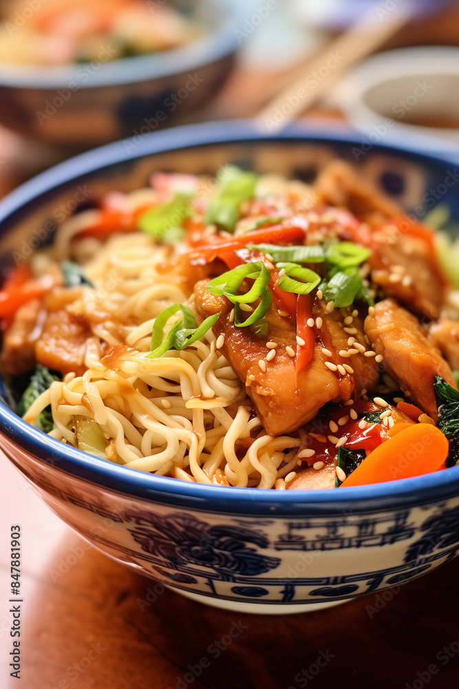 closeup, yakisoba chicken with cabbage and matchstick carrots, in a blue Japanese bowl, white marbled counter closeup, yakisoba chicken with cabbage and matchstick carrots, in a blue Japanese bowl, white marbled counter