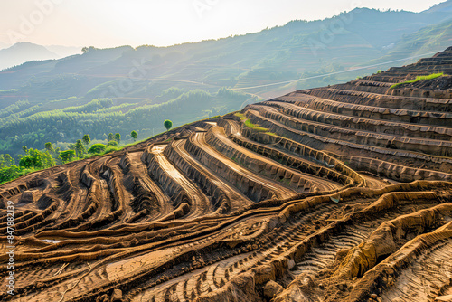 Deforested landscape, with barren hillsides stripped of trees and vegetation, exposing the soil to erosion and degradation photo