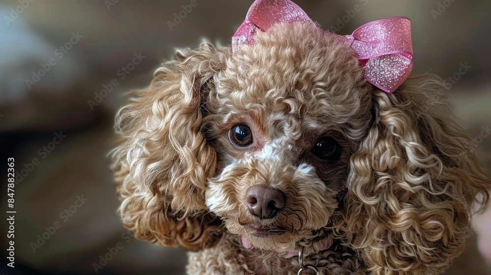 A Cute, Fluffy, Brown Toy Poodle With A Pink Bow On Its Head Is Looking At The Camera With A Curious Expression On Its Face. A Cute, Fluffy, Brown Toy Poodle With A Pink Bow On Its Head Is Looking At The Camera With A Curious Expression On Its Face.