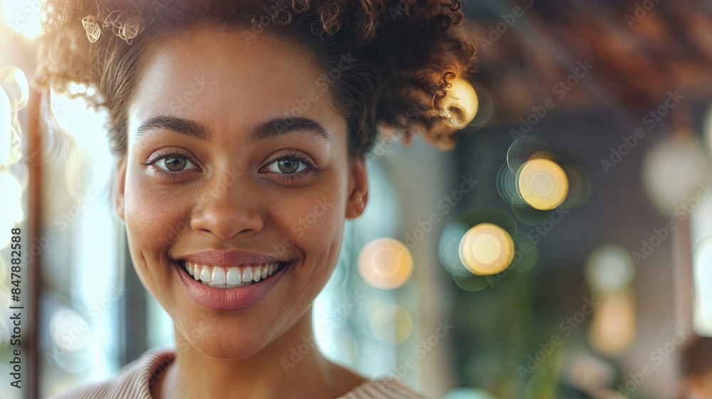 A close-up portrait of a young woman with a warm, genuine smile, bathed in soft sunlight A close-up portrait of a young woman with a warm, genuine smile, bathed in soft sunlight