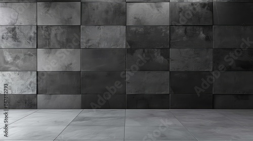 Dark, Textured Ceramic Tiles Cover The Walls And Floor Of This Empty Room, Creating A Seamless, Modern Look. photo