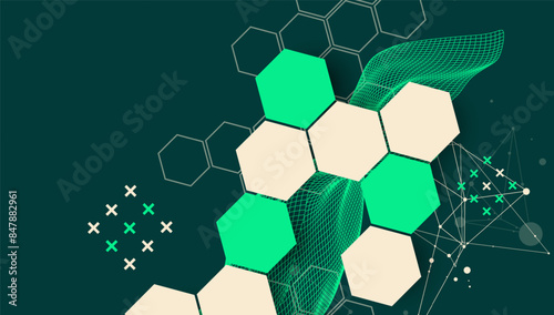 The abstract wave with hexagon is made in a frame style. Template for science and technology presentation. Hand drawn vector art.