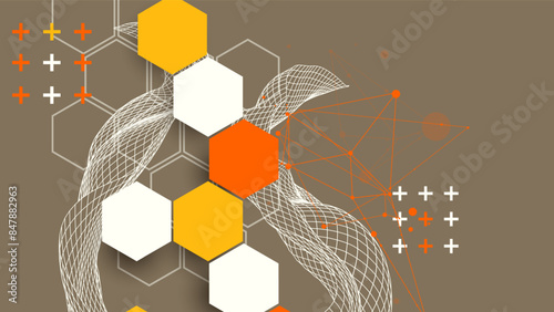 The abstract wave with hexagon is made in a frame style. Template for science and technology presentation. Hand drawn vector art.
