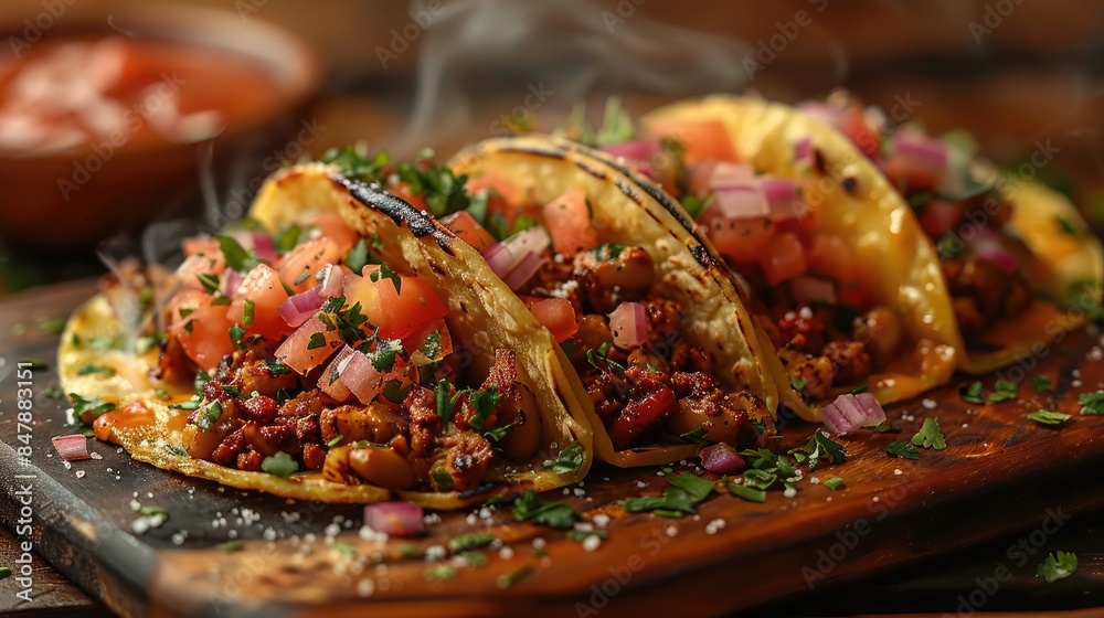 Delicious Mexican tacos with meat, beans and vegetables on a dark background. Close up Delicious Mexican tacos with meat, beans and vegetables on a dark background. Close up