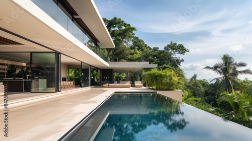 contemporary villa with minimalist architecture, large pool, and lush landscaping © Aeman