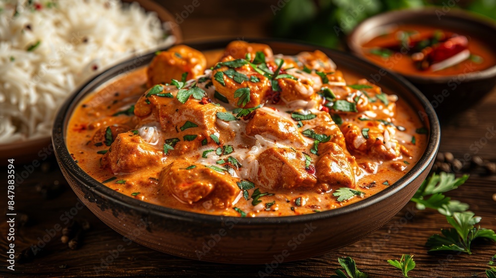 Romatic Chicken Tikka Masala With Basmati Rice. Traditional Indian Food. Romatic Chicken Tikka Masala With Basmati Rice. Traditional Indian Food.