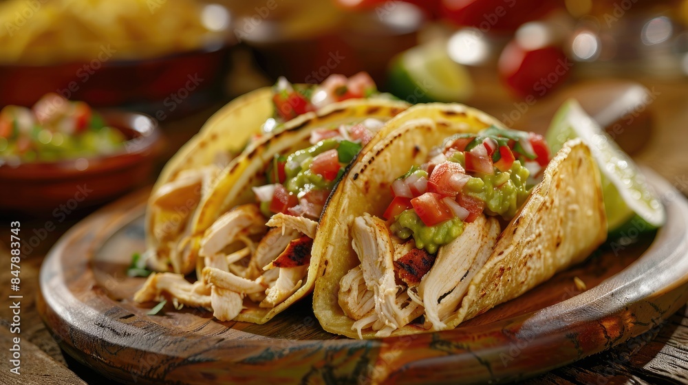 Fototapeta premium Delicious Mexican tacos with meat, beans and vegetables on a dark background. Close up