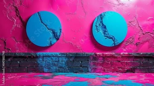 Blue And Pink Abstract Background. Futuristic Cracked Wall. 3D Rendering. photo