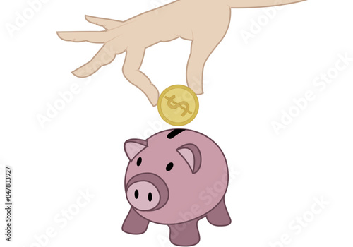 Mano echando moneda de dólar dorada en una hucha rosa
