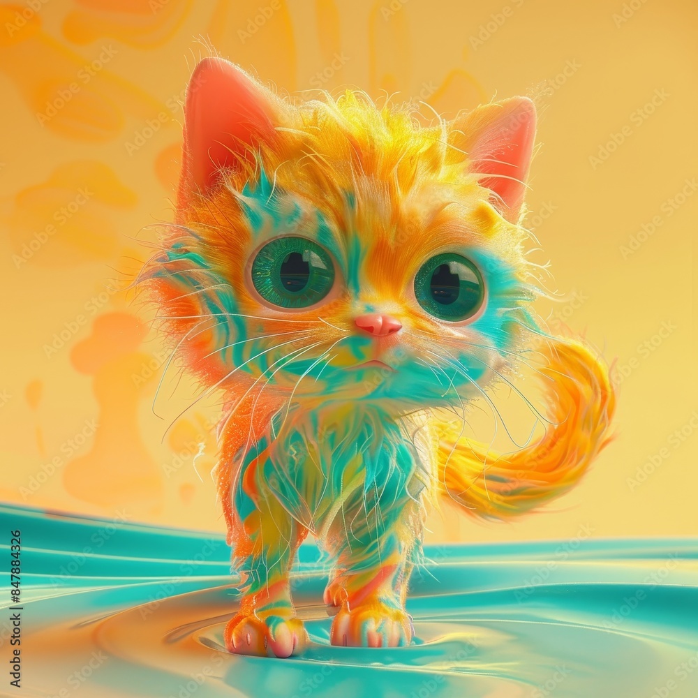 Fototapeta premium A cute kitten with vibrant, colorful fur stands on a swirling turquoise background