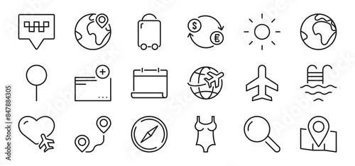 Travel line icons set. Vacation, weekend, adventure, flight sign, symbol. Isolated on a white background. Pixel perfect. Editable stroke. 64x64.