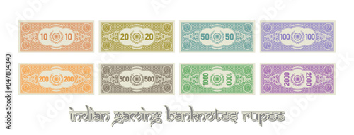 Vector set of color gaming banknotes. Indian notes in denominations of 10, 20, 50, 100, 200, 500, 1000 and 2000 rupee. Money collection of India. State symbol, wreath and guilloche mesh.