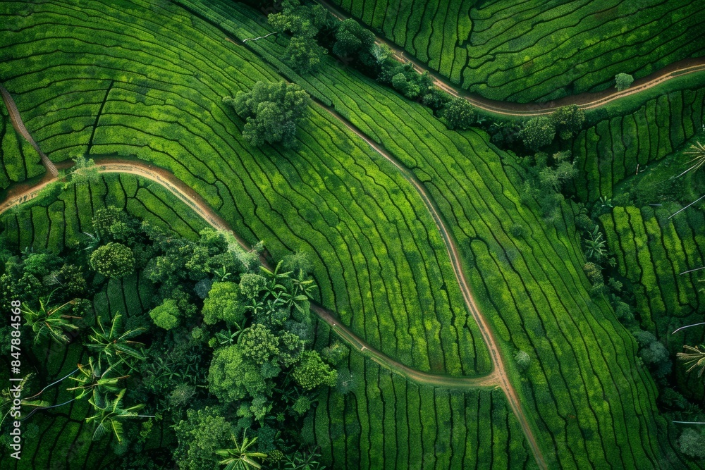 Fototapeta premium aerial view of endless tea plantation plants overhead in Asia