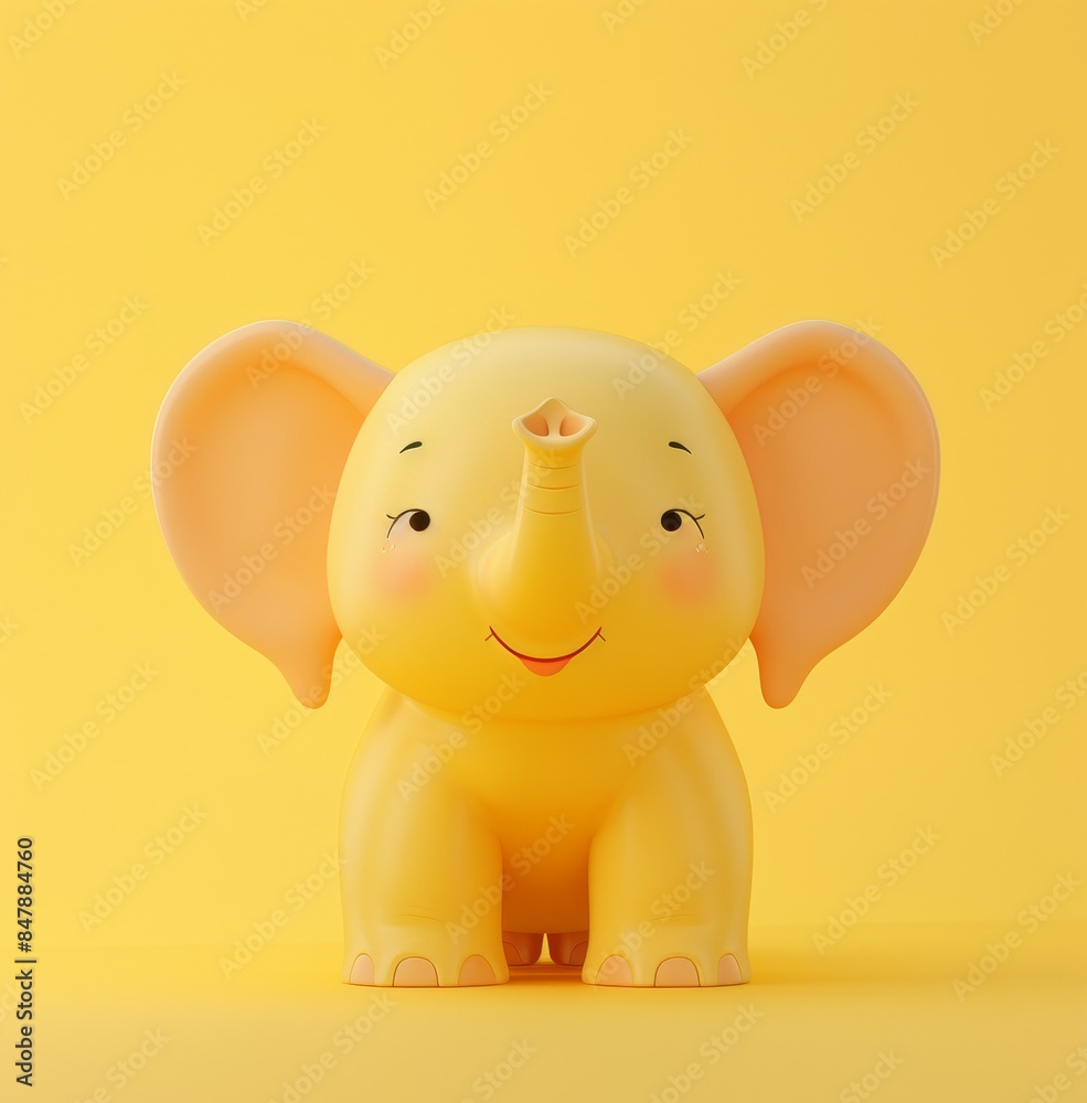 A cartoon elephant smiles playfully against a bright yellow background A cartoon elephant smiles playfully against a bright yellow background