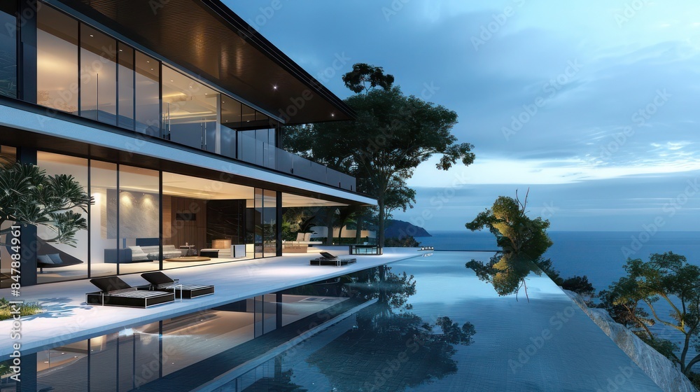 Obraz premium contemporary villa with sleek architecture, infinity pool, and panoramic views