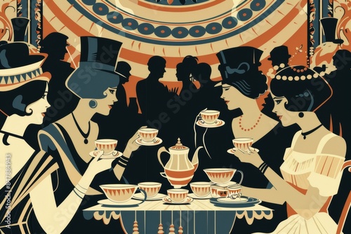 glamorous art deco tea party poster with women having holding tea cups photo