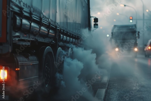 Lorry Emitting Thick Exhaust Fumes on a Busy City Street at Dusk