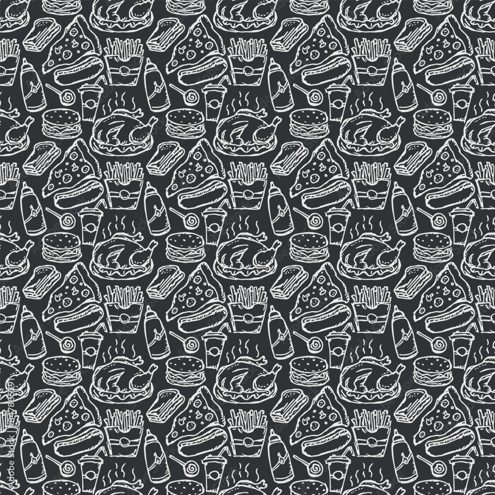 Seamless American food pattern. Doodle ilustration with american food icons. Fast food background Seamless American food pattern. Doodle ilustration with american food icons. Fast food background