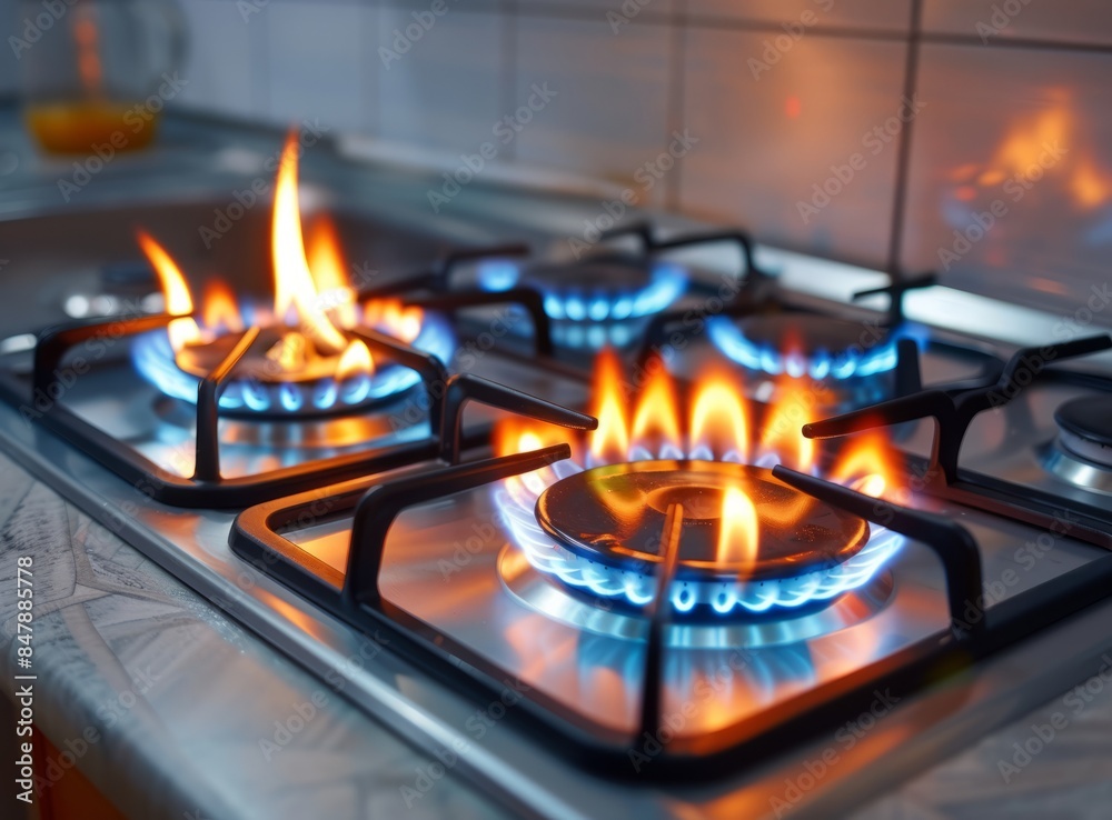 Close-up of blue gas stove flames on a kitchen cooktop, conveying energy and cooking concept. Close-up of blue gas stove flames on a kitchen cooktop, conveying energy and cooking concept.