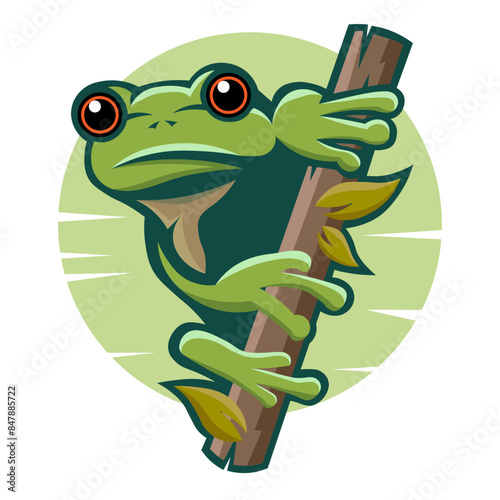 Cute green tree frog on a branch  cartoon animal design flat vector illustration isolated on white background stock illustration good for t-shirt print