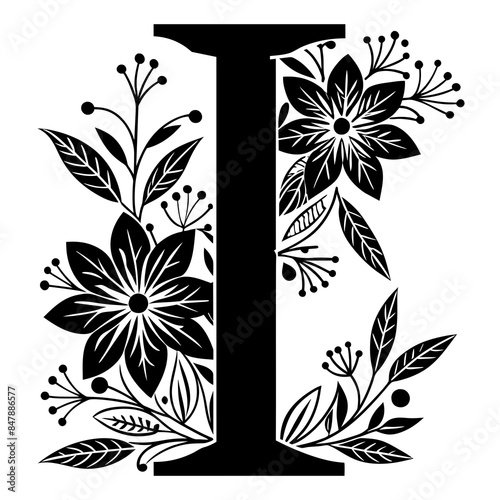 black graphic letter i  decorated with flowers