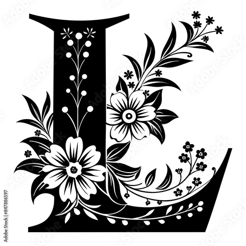 black graphic letter  l  decorated with flowers