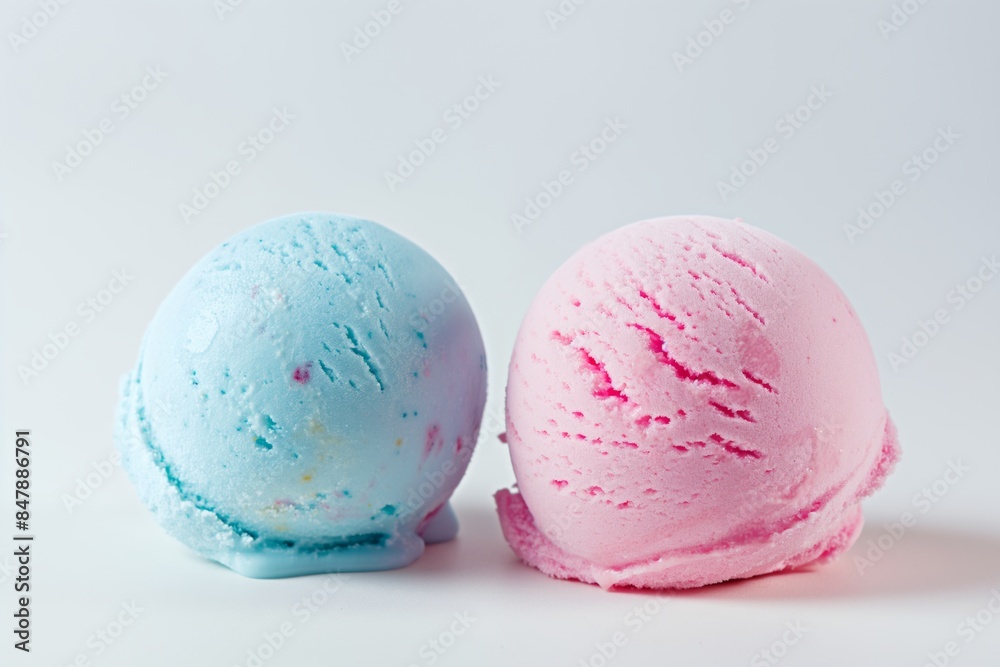 Blue and pink ice cream scoops on white background Blue and pink ice cream scoops on white background