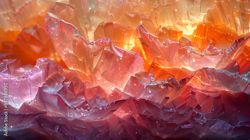 A deconstructed rose petal, magnified 1000x, unveils a hidden world of crystalline structures. Delicate, razor-thin veins shimmer with an iridescent sheen, resembling a microscopic alien landscape. photo