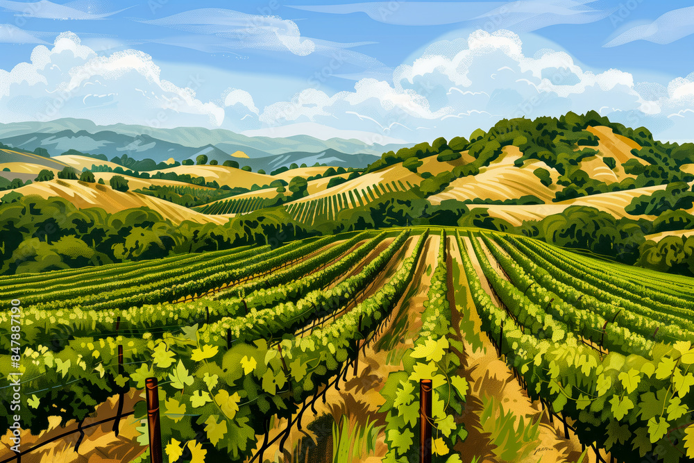 Fototapeta premium Picturesque vineyard scene, with rows of grapevines stretching into the distance, lush greenery, and a tranquil atmosphere