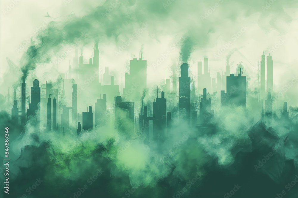 City skyline obscured by thick smog and pollution, with buildings barely visible through the haze and polluted air City skyline obscured by thick smog and pollution, with buildings barely visible through the haze and polluted air
