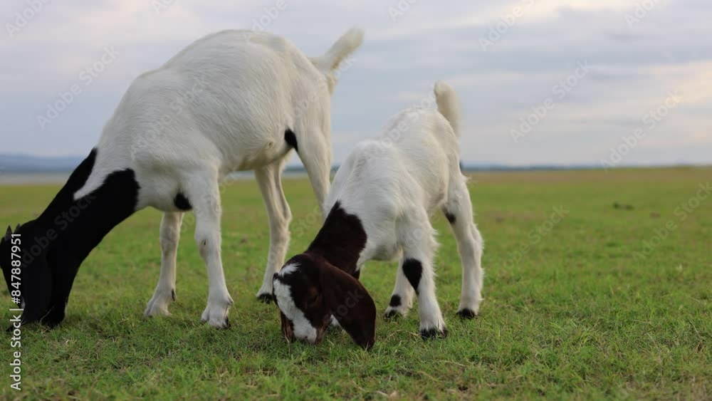 A group of white goats are grazing on the green field A group of white goats are grazing on the green field