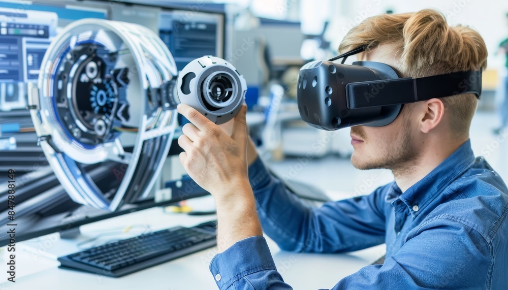 Engineer using VR for advanced machinery simulation.