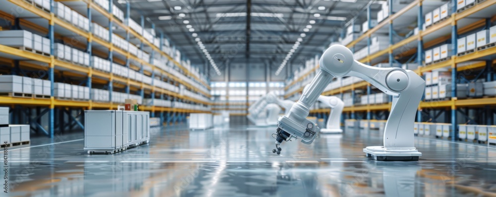 Automated smart robotic arms in modern luxury warehouse, package concept banner. Generative AI. Automated smart robotic arms in modern luxury warehouse, package concept banner. Generative AI.