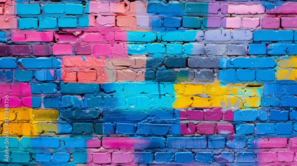 Colorful brick wall background with vibrant graffiti and texture Colorful brick wall background with vibrant graffiti and texture