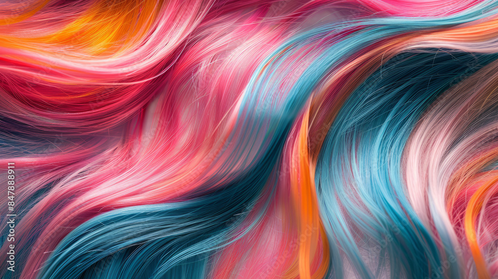 Vibrant colorful hair strands with pink, blue, and orange hues Vibrant colorful hair strands with pink, blue, and orange hues