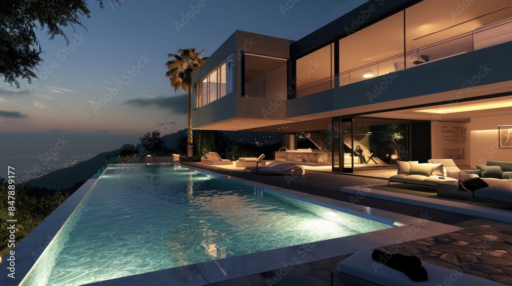 Obraz premium contemporary villa with sleek architecture, infinity pool, and panoramic views